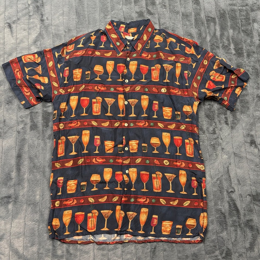 Burma Bibas Mens Silk Cocktail Drink Print Short Sleeve Button Down Shirt Navy M